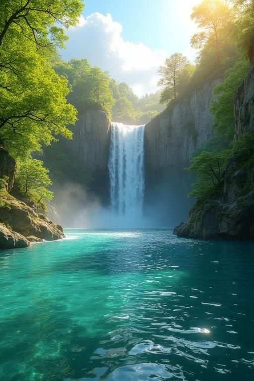 Stunningly realistic waterfall cascades from a tall cliff into a pristine turquoise lake. Surrounded by lush green forest, crystal clear water glows with sunlight. Dense foliage features vibrant trees and mossy rocks under a clear blue sky with soft clouds. Warm golden sunlight pours in, illuminating the water's surface. Atmosphere is peaceful and pure, resembling a hidden paradise in late spring or early summer. No people or animals.
