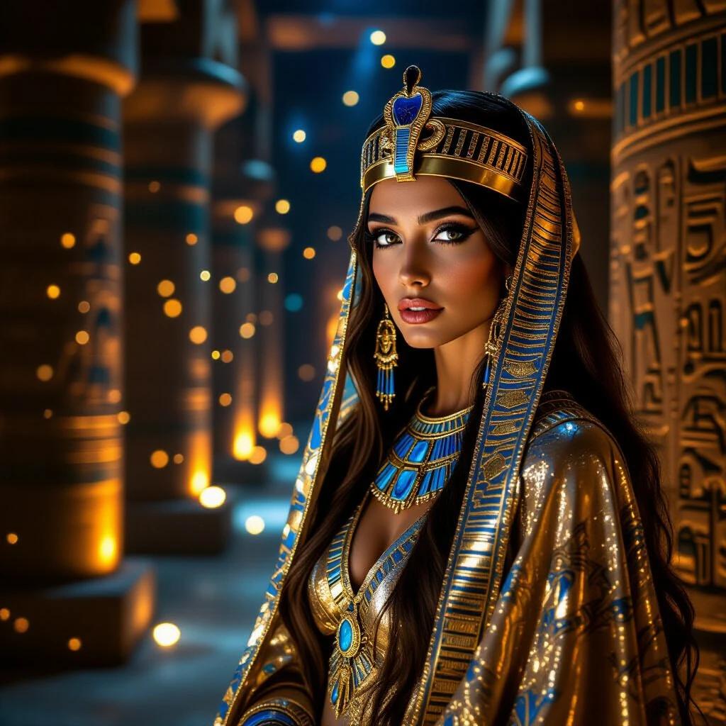 A regal figure dressed in gold fabric with blue accents stands in a dim space resembling ancient Egypt. Long, flowing hair falls beneath an ornate headdress. Jewels sparkle in the light contributing to the majestic look. Stone pillars inscribed with hieroglyphics form the background, surrounded by a soft glow and dancing flecks of light.