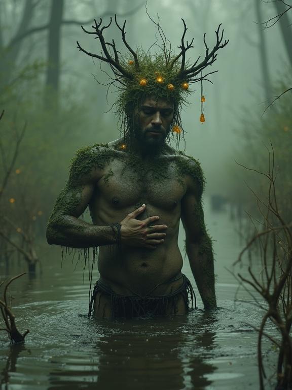 Imagine a primordial hormonal gifted prince emerging from a murky swamp. His skin is covered in moss and mud. He holds his hand in an 'O' shape over his crotch. Strange organic jewelry adorns him, made from twisted roots and glowing fungi. Thick mist fills the air, alongside sounds of unseen creatures. The image captures an eerie atmosphere inspired by vintage style and surreal light painting.