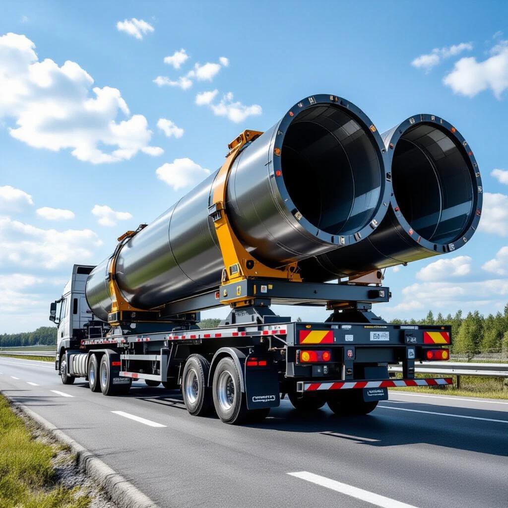 Modern flatbed truck transports oversized industrial components like pipes. Shot taken from low angle on paved highway highlighting transport power and precision.