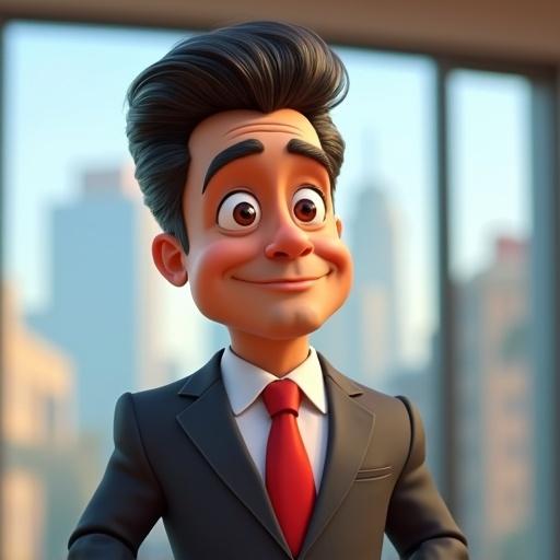 3D animated character in Pixar style inspired by Brazilian president. Distinctive hairstyle. Expressive eyes. Confident pose in business suit with red tie. Background of a clean cartoon cityscape. Playful and humorous tone. Soft lighting.