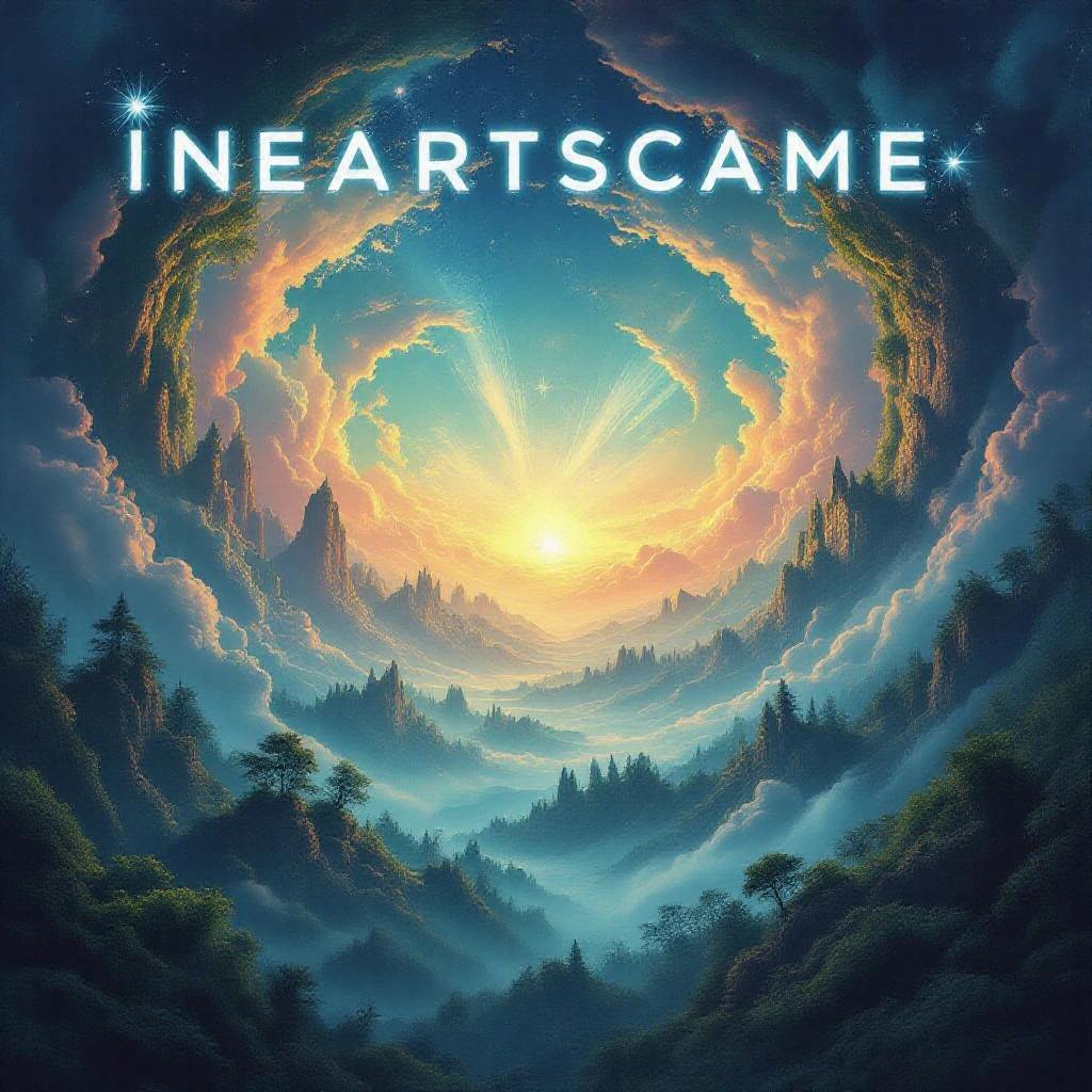 Dreamy landscape with mountains and a rising sun. Bright colors blend in a surreal sky. Ethereal and mystical atmosphere. Ideal for music-related visuals.