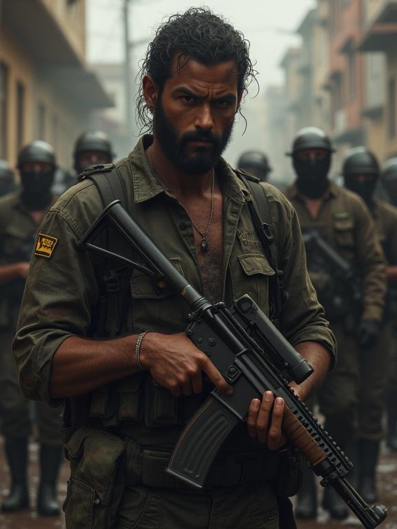 Photorealistic image depicting a hostile environment in Latin America. Shows a man with an intense expression holding a rifle. Background includes soldiers in masks, suggesting a crime or gang-related theme. Overall dark and moody atmosphere.