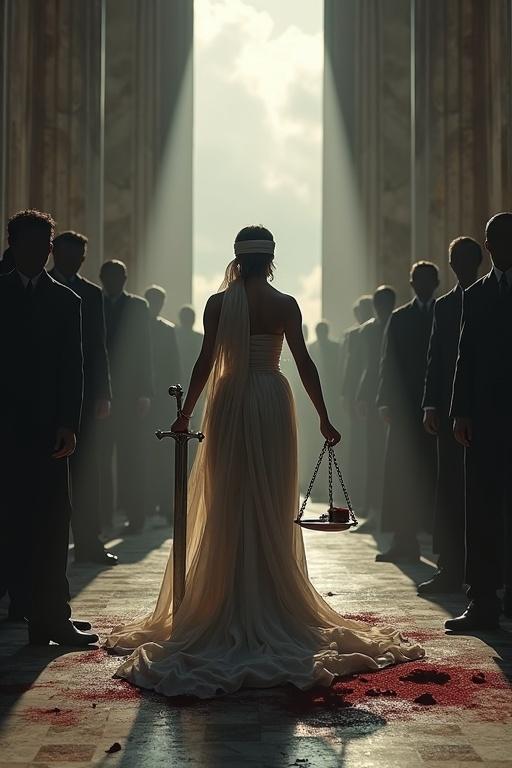 Lady Justice stands in a grand courthouse scene surrounded by shadowy figures of representatives. Draped in a flowing gown with a sword and broken scales. Shadows loom over as the representatives encircle her. Light breaks through tall windows, creating a powerful atmosphere. Expression of defiance and resilience in a moment of oppression.