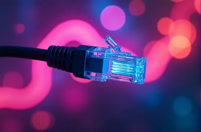 A glowing blue Ethernet cable connector against a vibrant, colorful blurred background with pink and orange bokeh lights.