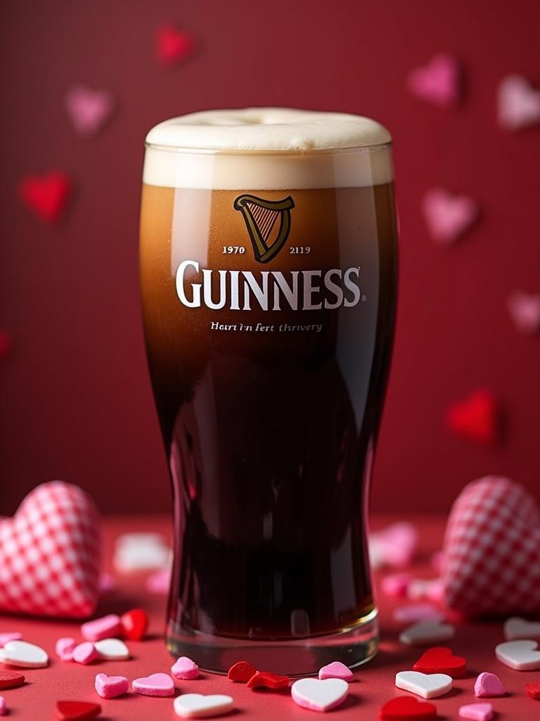 A pint of Guinness beer with a creamy head is showcased. The background features hearts in red and pink. Valentine's Day theme is evident without any Guinness logo.