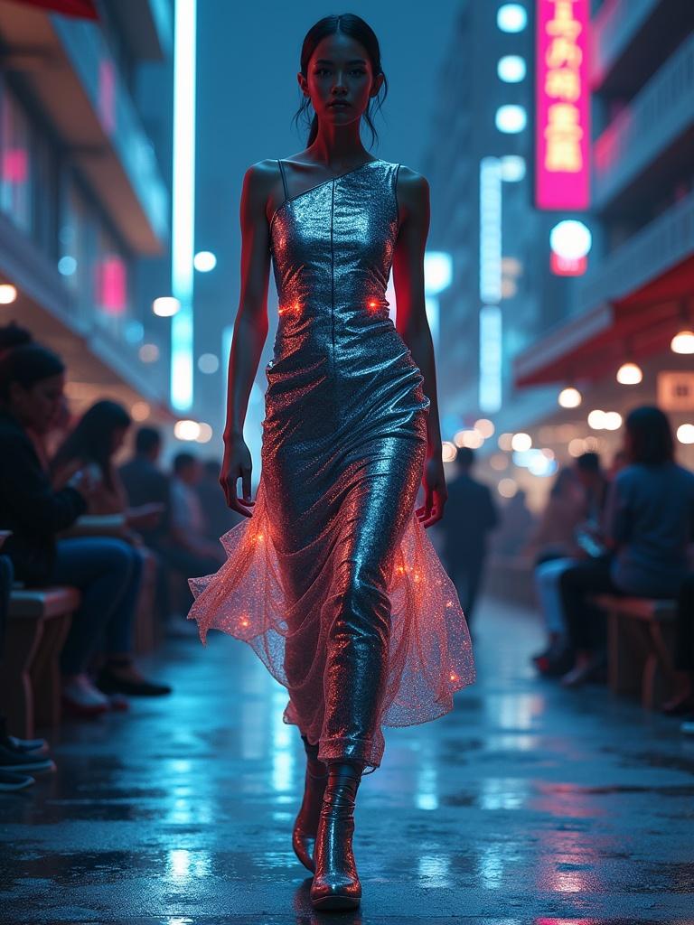 Futuristic fashion scene at night. Model on urban runway. Neon and holographic lights illuminate surroundings. Model wears asymmetrical reflective metallic dress with geometric patterns and LED accents. Showcase fabric textures and light interplay.