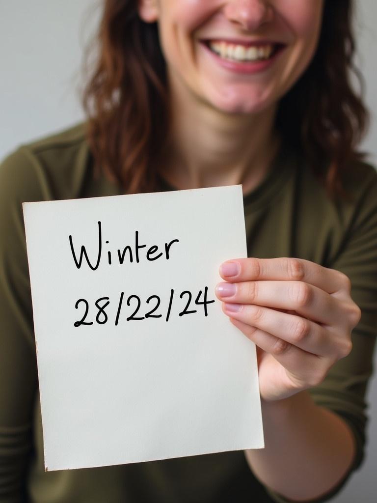 Person holds a piece of paper with handwritten details about winter. The note says Winter 28/12/24. Right arm and hand are fully visible. Person is smiling and dressed in a green outfit.