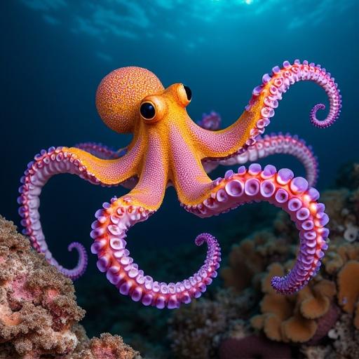 A vibrant octopus in gold and purple colors skimming over a coral reef in a professional underwater photograph by notable artists. The scene includes dark and vivid color contrasts.