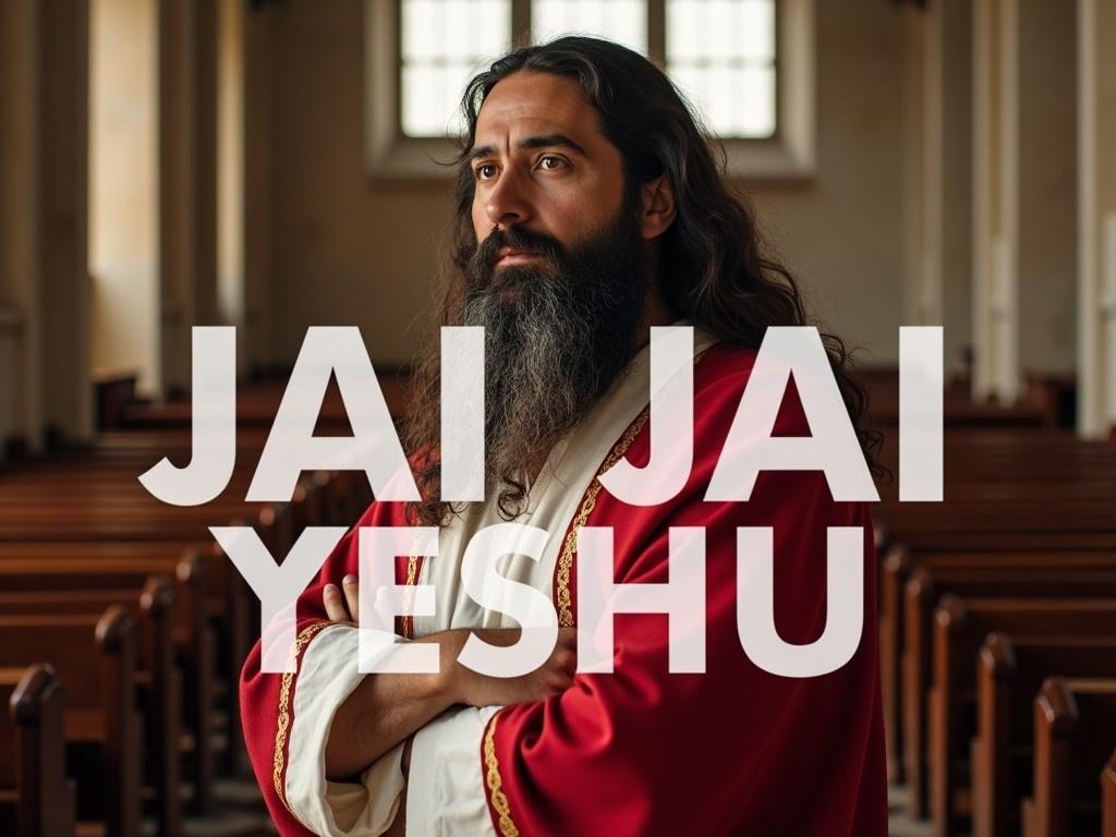 This image features a man with long hair and a beard wearing a red and white robe. The setting is reminiscent of a traditional church or cathedral with elegant architecture. There are rows of pews in the background, suggesting a serene and reverent atmosphere. Dominating the foreground are the words 'JAI JAI YESHU' in large, bold letters. This title adds an important inspirational tone to the image, making it suitable for religious contexts.