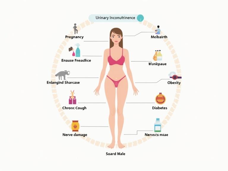 Infographic showing causes of urinary incontinence with icons for pregnancy and childbirth. Includes menopause, enlarged prostate, obesity, chronic cough, medications, diabetes, smoking, and nerve damage. Uses soft colors with clear labels for gender and shared factors. Clean educational style.