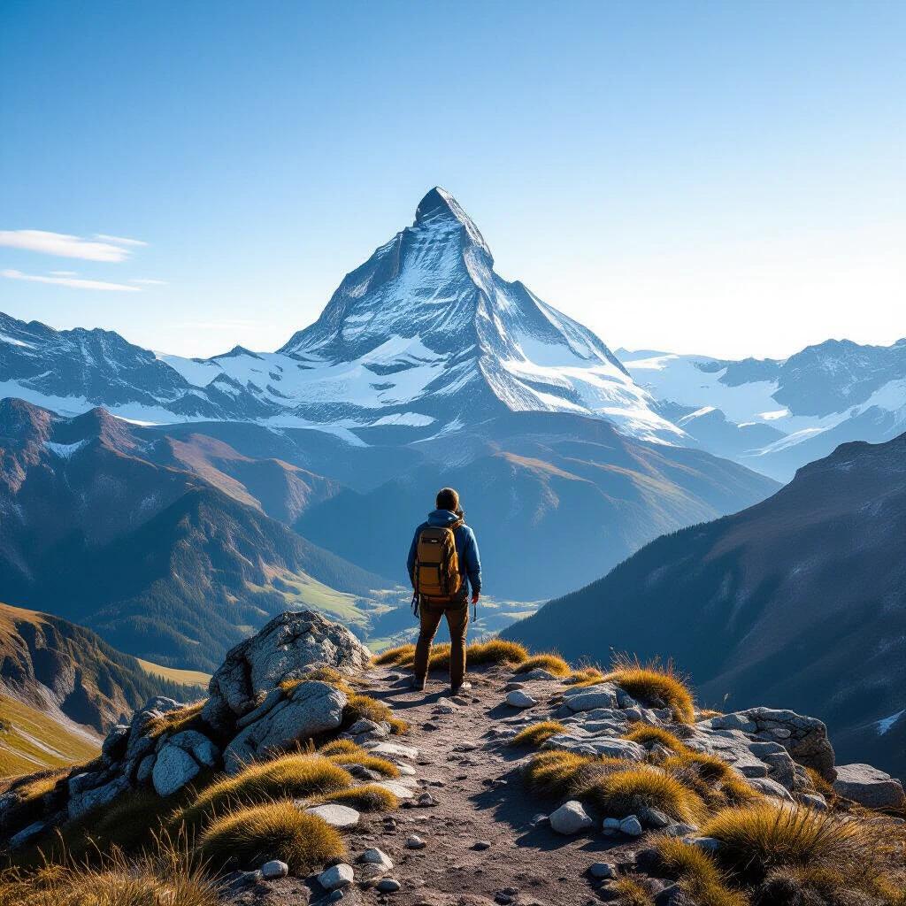 Character standing on a mountain peak on grass observing the landscape. Snow-capped mountain in the background. Clear blue sky enhancing the view.