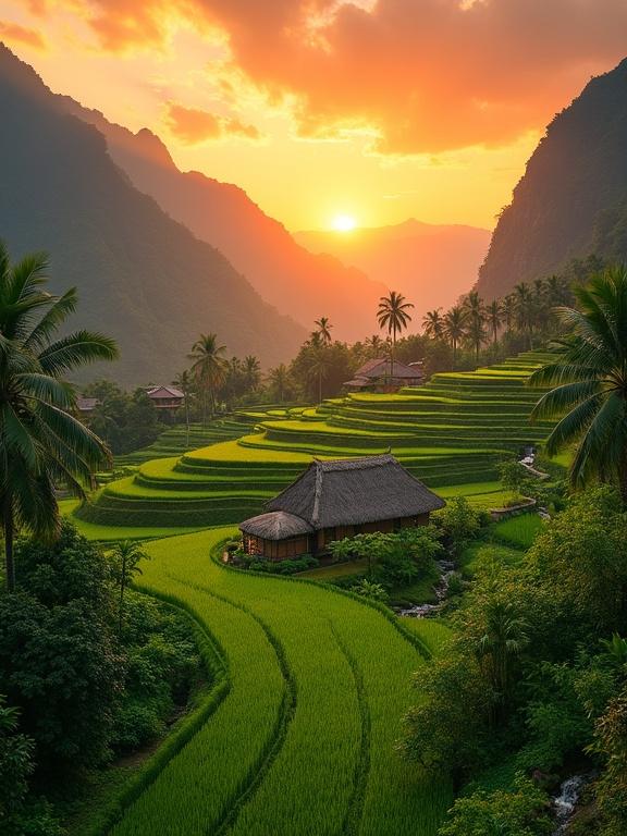 A sunset over a tropical valley. Vibrant rice terraces in green. Traditional thatched-roof houses. Flowing water streams. Palm trees in the landscape. Towering mountains frame the scene. Glowing orange sky. Peaceful rural life in harmony with nature.