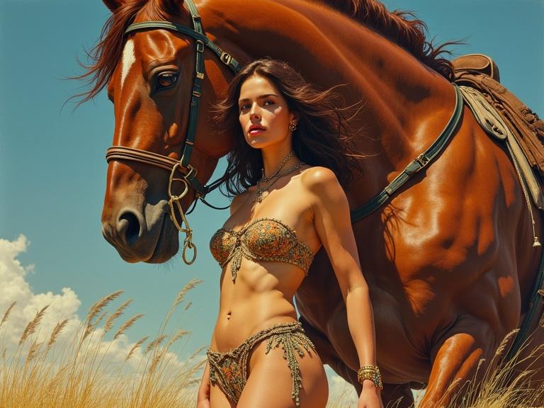 A confident woman poses next to a powerful male horse in a golden field. Bright sky enhances the scene. The focus is on their striking features, with the horse's strength contrasting with the woman's elegance.