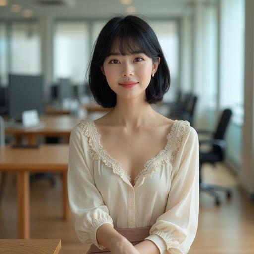 A photorealistic image of a young Japanese woman in a modern office. She has black hair and brown eyes. The outfit includes a cream blouse and high-waisted pencil skirt. The setting includes wooden floors and glass partitions. The woman has a warm expression and exudes confidence.