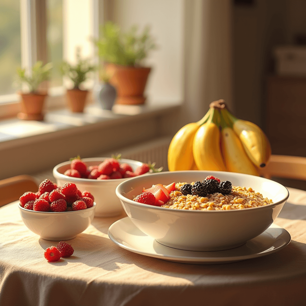 A beautifully arranged breakfast with a bowl of cereal topped with fresh berries, next to bowls of raspberries and strawberries, and a bunch of bananas in a sunlit kitchen.