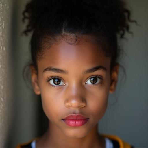 Image of a 14-year-old girl with big dark eyes and black hair in a bun. She has full red lips and thick eyebrows. The expression is dominant and confident.