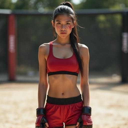 Sleek and skinny Asian MMA fighter poses in athletic gear. Strong and defined abs are prominent. Bloodstripes are visible on cheeks. The setting is an outdoor gladiator arena with natural lighting. Fighter has hand wraps and is barefoot. Hair is styled in a ponytail.
