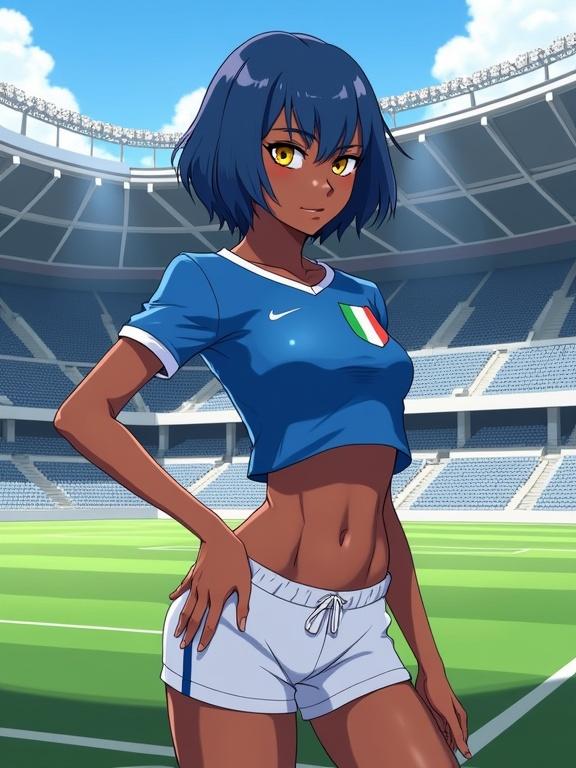 Digital illustration features a female character in a cropped Italian soccer jersey and white shorts. Character has blue hair and golden eyes. She poses flirtatiously in a soccer stadium with a green pitch and grey seats. The artwork displays cel-shaded style with sharp linework and background detail.
