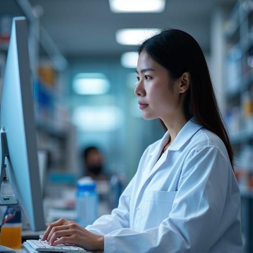 Female scientist wearing lab coat looks at computer in laboratory setting while working diligently.