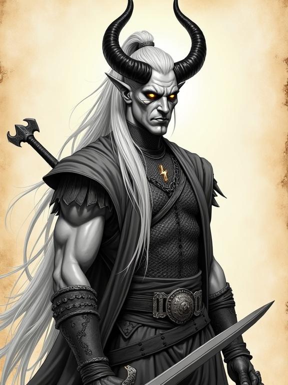 Pen sketch featuring a tall male tiefling with ash-gray skin and glowing amber eyes. Long silver hair tied in a ponytail with sleek black curved horns. Sharp cheekbones with scars. Wearing chainmail and platte pants, holding a sword. Soft cel shaded with stylized depth of field, background resembling ancient parchment.