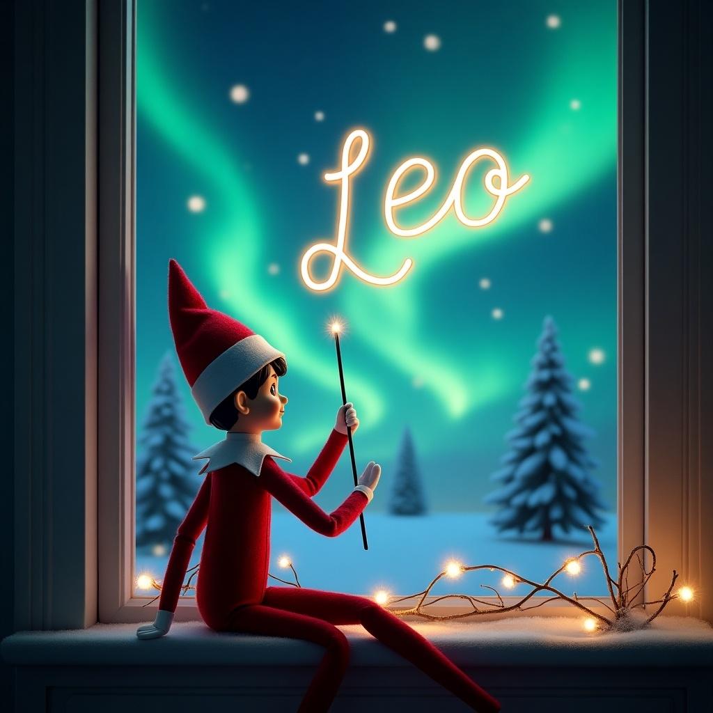 An elf on the shelf sits on a windowsill, gazing out at the magical sky. The elf is dressed in classic red and white attire and holds a wand. With it, he elegantly writes 'Leo' in the air, glowing beautifully against the night backdrop. Behind the elf, the sky is animated with swirling northern lights of green and blue, casting a magical vibe. The scene is filled with festive spirit, evoking feelings of joy and wonder for the Christmas season.