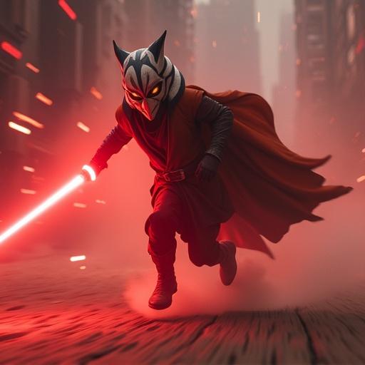 A villain from Ahsoka show is running extremely fast. Background is blurred by speed. He has a red shield bubble around him. He is impacting a Jedi opponent.