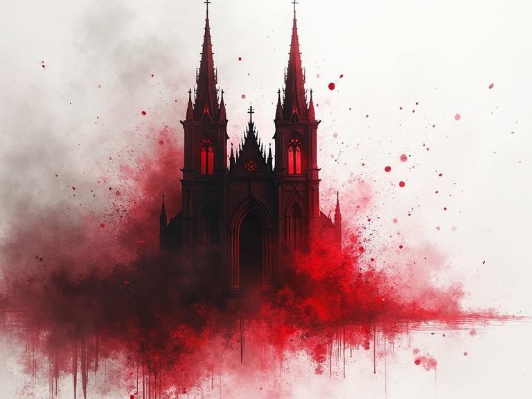 Eerie gothic cathedral design. Bold red contrasts. Dynamic watercolor effects. Ethereal and cinematic styling. Emphasis on chaos and beauty. Splashy white space surrounding.