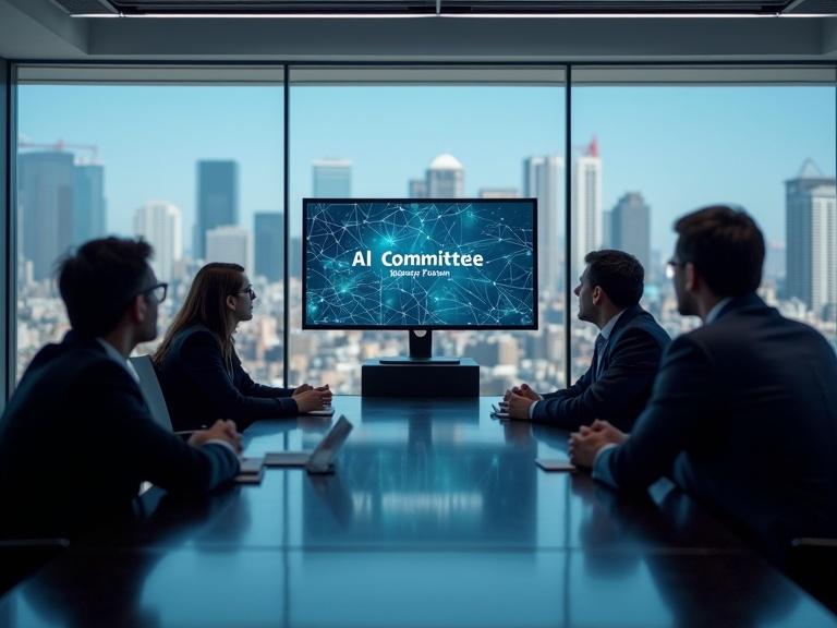 Modern conference room with glass wall showcasing blurred city skyline. Computer displays AI Committee text. People seated observing it.