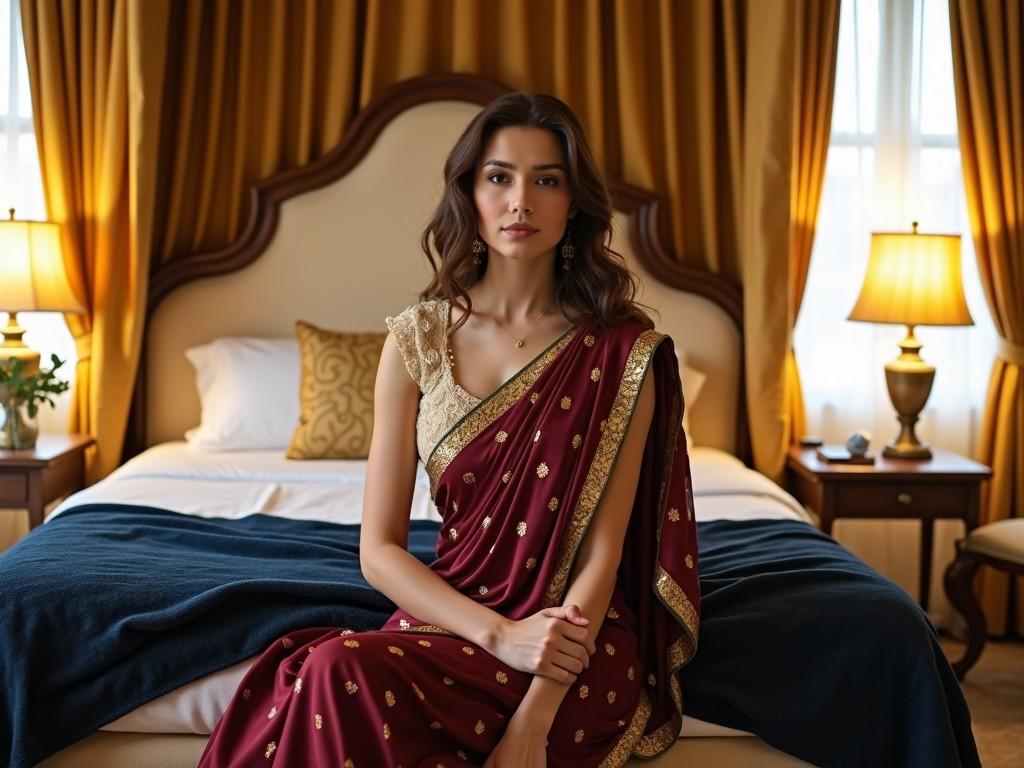 The bedroom is adorned in warm gold tones, featuring ornate curtains and a striking large canopy bed. The bed is highlighted by a cream-colored headboard and a cozy navy blue blanket draped over it. Two bedside tables with elegant lamps flank the bed, and a small table is positioned in a corner of the room. Natural light streams in from the windows, enhancing the inviting ambiance. A fair-skinned woman is seated on the bed, dressed in a maroon sari decorated with gold polka dots and a gold border. She pairs her sari with a sleeveless, cream-colored blouse that has lace detail at the neckline. Her loose, brown hair adds to her graceful appearance.