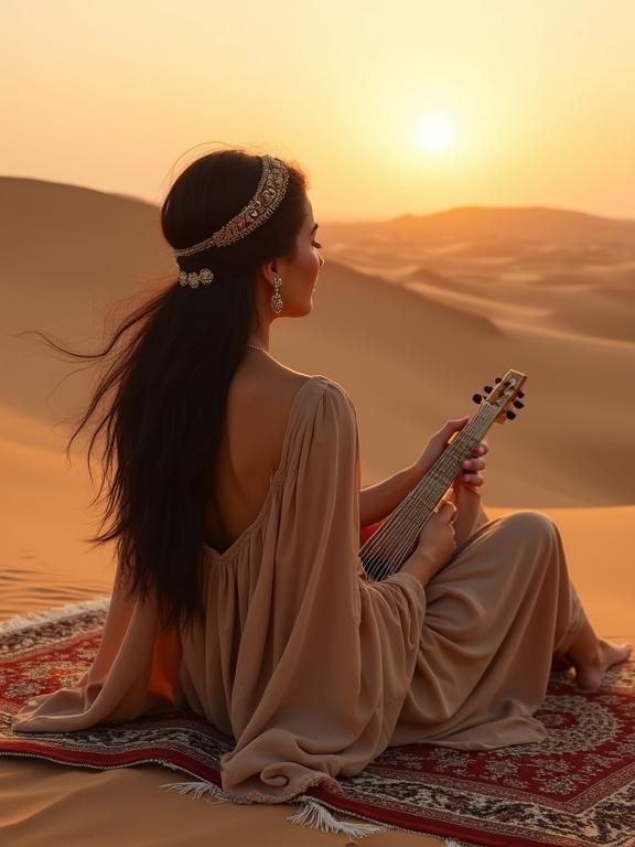 A graceful Arab woman reclines on a richly woven carpet in a tranquil desert at dusk. She wears a flowing gown, her hair loose and windswept. The sunset casts warm amber light over the dunes. She holds a traditional Oud, fingers in motion, creating an enchanting melody.
