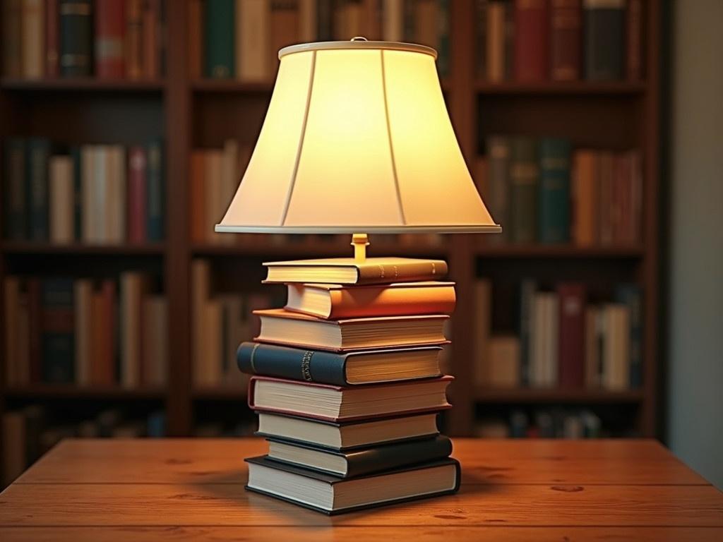 A DIY book lamp featuring books stacked in various positions, creating an artistic and unique base for the lamp. The books are a mix of colors and sizes, some facing up while others are leaning to the side. At the top, there is a simple, elegant lamp shade that emits a warm glow. This hyper-realistic scene is set on a wooden table with a cozy, inviting atmosphere. In the background, there are bookshelves filled with a variety of books, adding to the charm of the space.