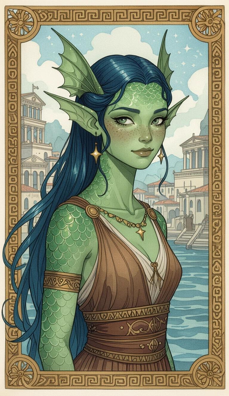 Watercolor illustration of a Triton female. She has small finned ears and green-blue scaled skin. Background features an Ancient Grecian port city. She wears Greek-style clothing. Long blue-green hair styled back. Character has a youthful appearance with amphibian features.