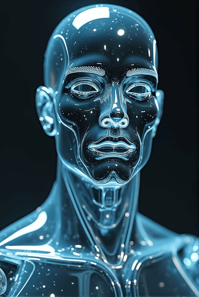 The image depicts a futuristic, transparent humanoid figure infused with a galaxy-like pattern, illuminated by a soft blue light.