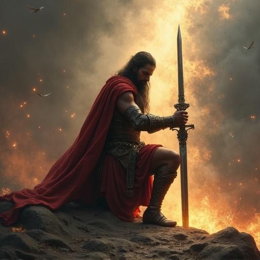 A hyperrealistic depiction of a warrior on one knee. The warrior holds a sword that emerges from a Bible. The setting is dramatic with fiery elements in the background.