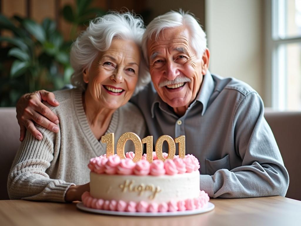 This image features an elderly couple celebrating a special occasion. They are sitting together at a table in a cozy indoor setting, with natural light coming through a window. In front of them is a beautifully decorated cake, adorned with pink roses and topped with the numbers 100 and 101, indicating their ages. The cake also has the words 'Happy Birthday' written on it. The festive atmosphere is enhanced by the warm smiles of the couple, showing their joy as they celebrate their milestone birthdays.