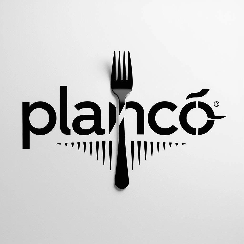 Minimalist logo design for planco. Text planco in modern black font. Fork integrated into letter l. Fork tines extend down as vertical lines. Simple geometric design. Clean strokes against white background. Balanced composition creates rhythmic visual effect. Set on pure white background for high contrast.