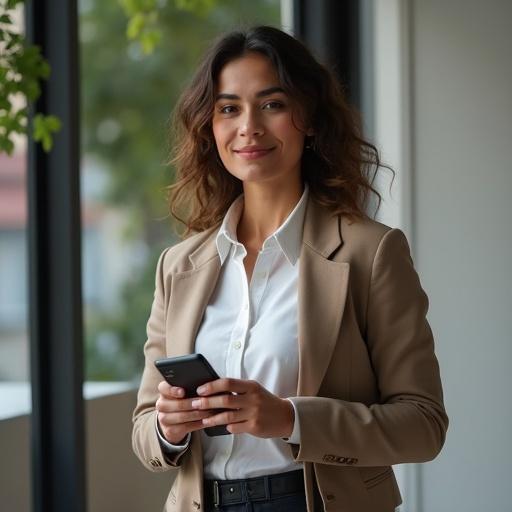Image of an entrepreneurial woman in a modern office setting. She has long brown hair and is wearing a beige blazer. The woman is smiling and holding a smartphone. The background shows greenery and large windows, creating a professional atmosphere.