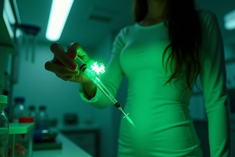 Close-up shot of a lady doctor lifting a glowing green syringe. She has a manicured hand and is in a sterile lab. The lab is dimly lit with a sickly green hue. Her white mini dress curves at her hip. Long dark hair obscures her eyes. The syringe glows ominously.