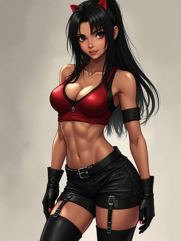 Tifa Lockhart from Final Fantasy VII series. Character features: slim waist, wide hips. Long legs. Well-defined abdominal muscles. Sculpted female body ratio. Red top, black shorts, gloves. Long black hair. Cat ears.
