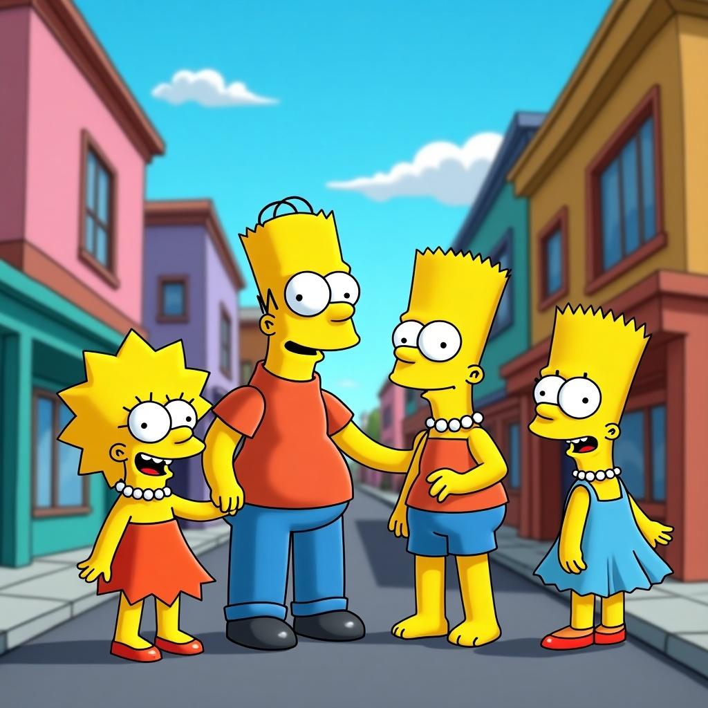 Image of The Simpsons characters in a lively street scene with pastel-colored buildings. Characters express playfulness and camaraderie. Iconic yellow hues and hairstyles.