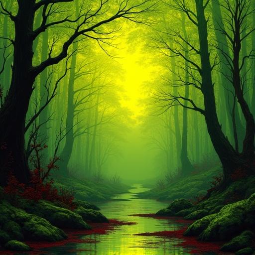 Forest scene in Tim Burton art style featuring eerie yet enchanting green-yellow and dull-green hues with accents of red. The scene shows tall, dark trees and a winding stream lit by a mysterious light in the background.