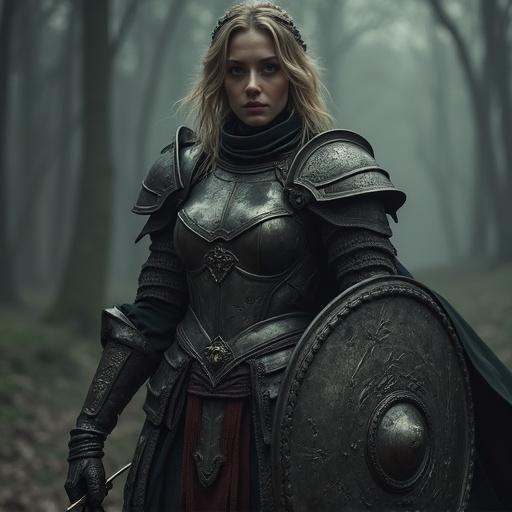 A grim dark fantasy scene featuring a young female fighter aged 21. She wears detailed armor and carries a shield and sword, set against a mysterious forest background.
