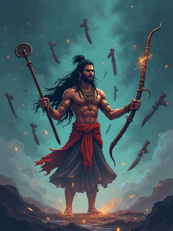 Symbolic representation of Karna in a dramatic stance holding a bow and staff surrounded by floating divine weapons against a somber background.
