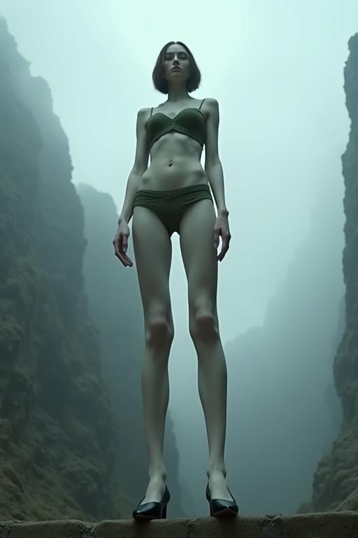 Low angle shot of a woman with exaggerated proportions. She has long legs and a compact torso. Wearing green bandeau bra and black flats. Shoulder-length brown hair. Strong jawline and high cheekbones. The background is a foggy mountainous scene reminiscent of Minas Morgul.