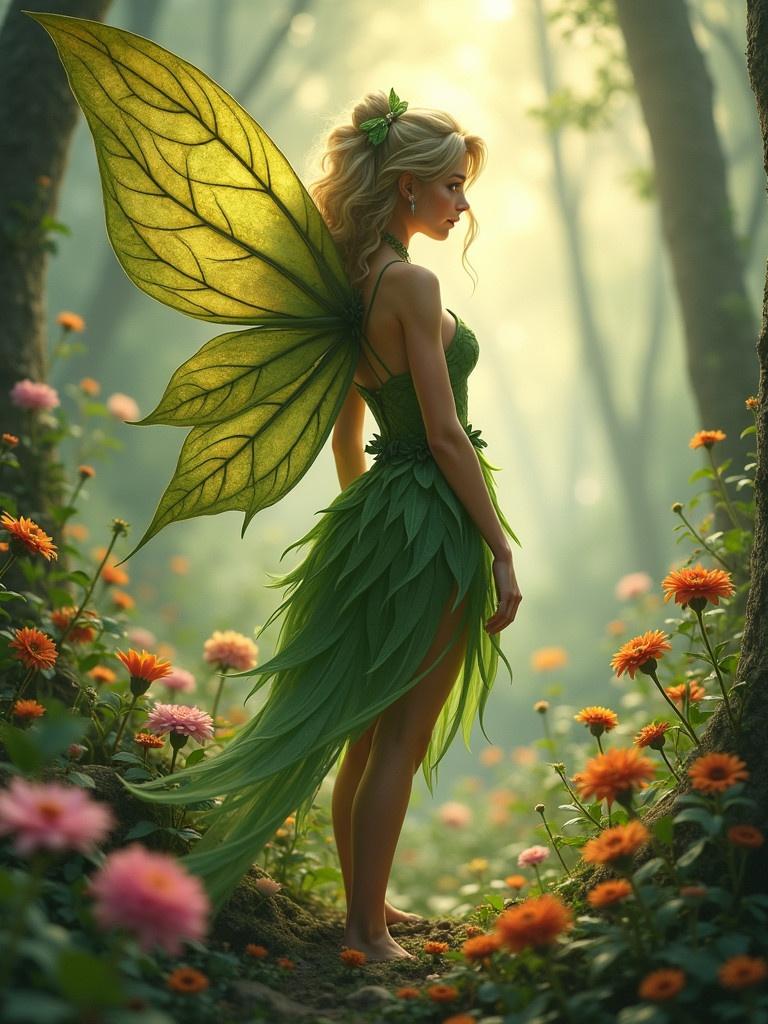 A fairy character with leaf-inspired wings and dress. Surrounded by flowers in a magical forest setting. Soft light filtering through trees.