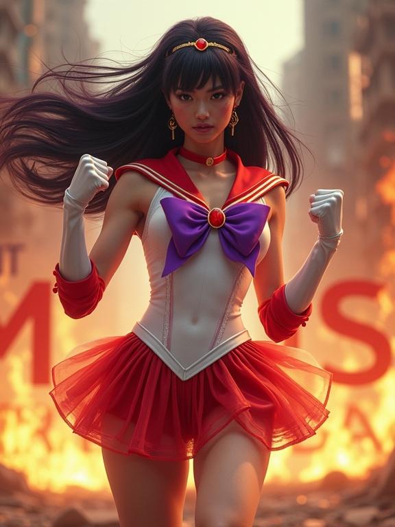 Sailor Mars stands in a fierce fighting stance with clenched fists. She wears a sleek, high-tech version of a red and white sailor uniform with a purple bow. Her long hair flows behind her. Cracking flames surround her. The background shows a ruined urban landscape with the name 'DEIVID MIRANDA' written in large letters. The image is hyperrealistic and ultra-detailed.