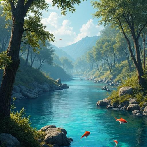 A fantasy RPG game scene of a peaceful riverside area. A river flows past The Mindwake. Fish are jumping in the clear water. The scene is colorful and atmospheric.