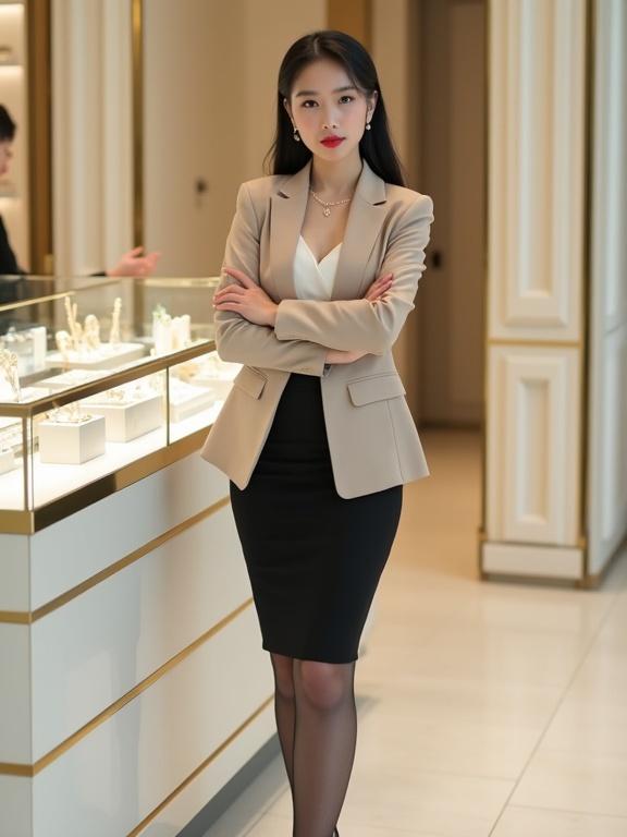 A young woman stands confidently in a luxury jewelry store. She wears a tailored beige blazer over a cream blouse. A fitted black pencil skirt complements her outfit. She has long black hair in a low ponytail. Her lips are bright red. The store features glass display cases and soft lighting.