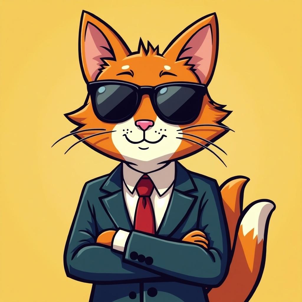 Cartoon style image of a cool cat character. The cat wears sunglasses and a suit. Character embodies confidence.